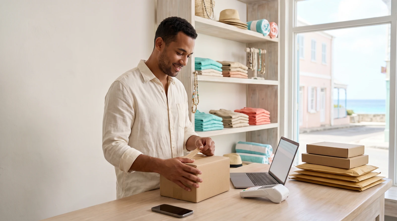 A Caribbean shop owner accepting an online card payment on her Shopify store — Paperless Blueprint CIBC Caribbean payment gateway integration