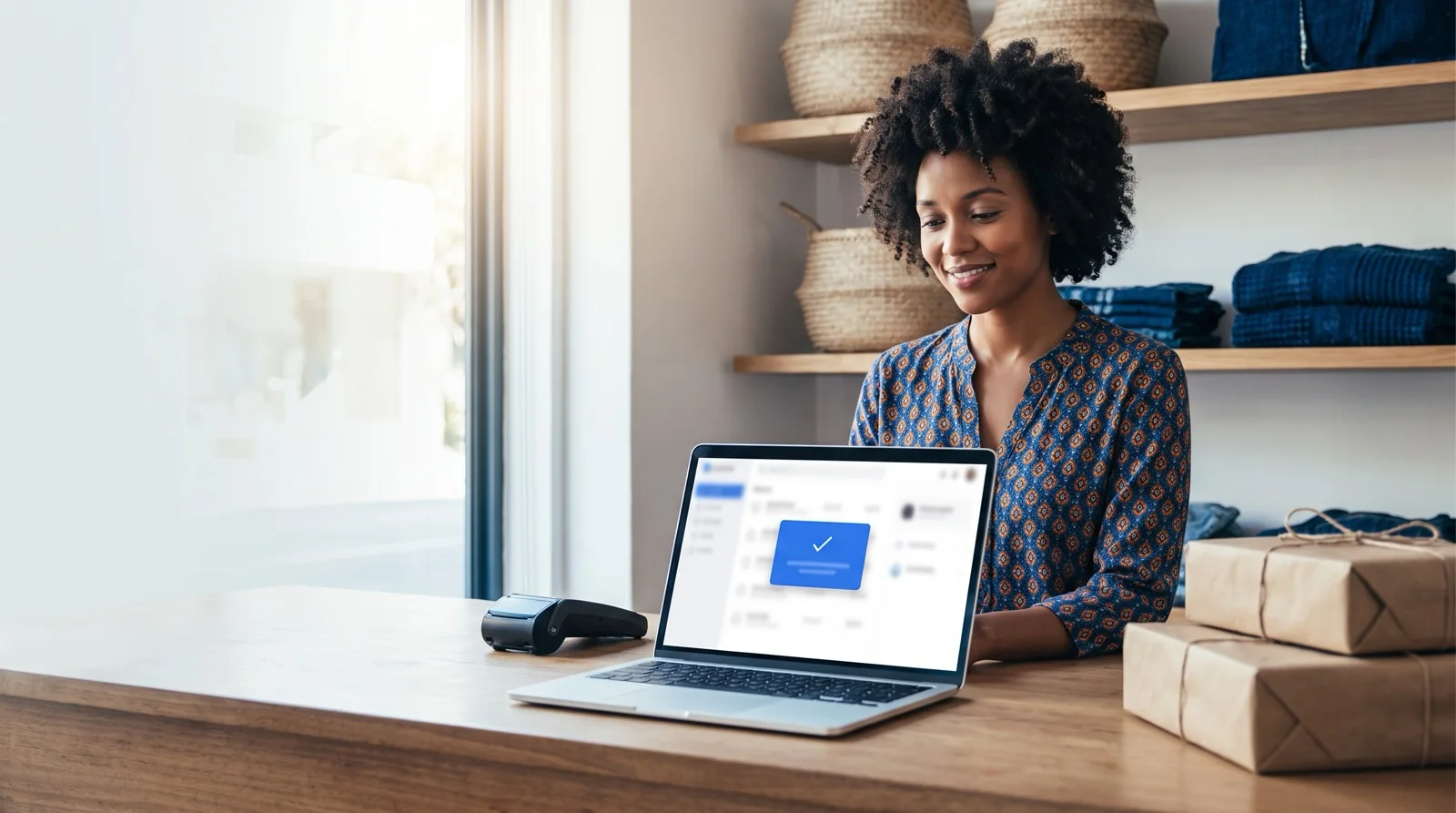 Caribbean small-business owner taking a local card payment on her Shopify store built by Paperless Blueprint in Trinidad