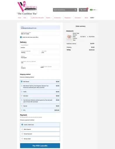 Valentine's Intimates Shopify store — a Jamaican lingerie retailer taking JMD payments via LascoBiz and AmberPay