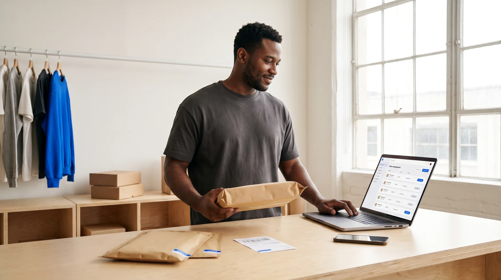A Shopify store owner managing orders and packing product on their laptop — Paperless Blueprint Shopify development services