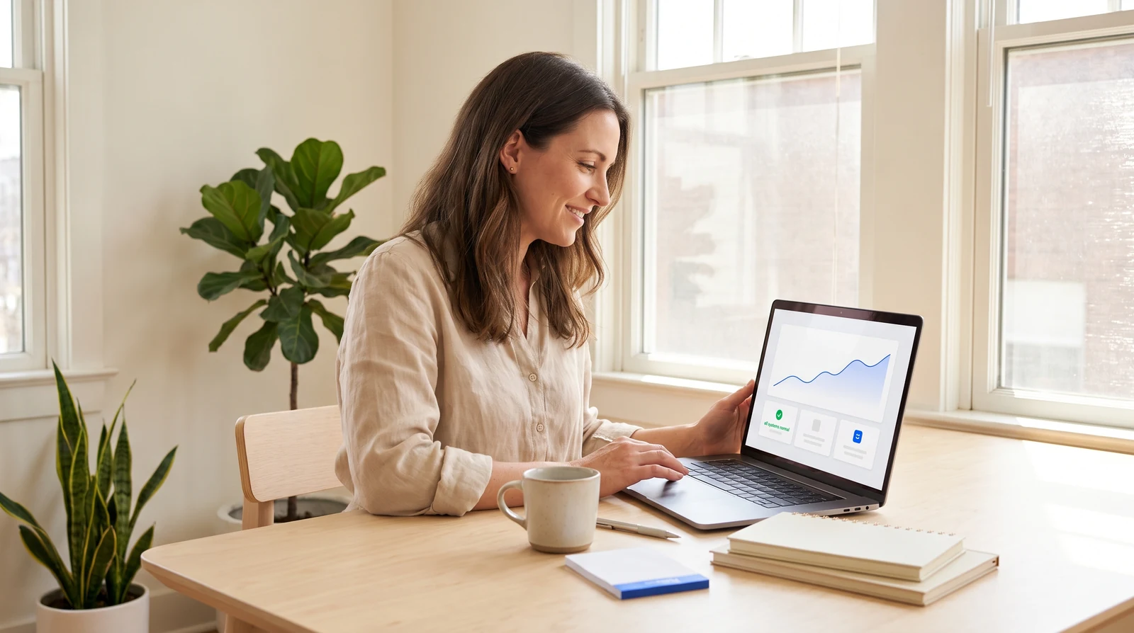A small business owner reviewing their website's uptime and backup status on a laptop — Paperless Blueprint website maintenance services