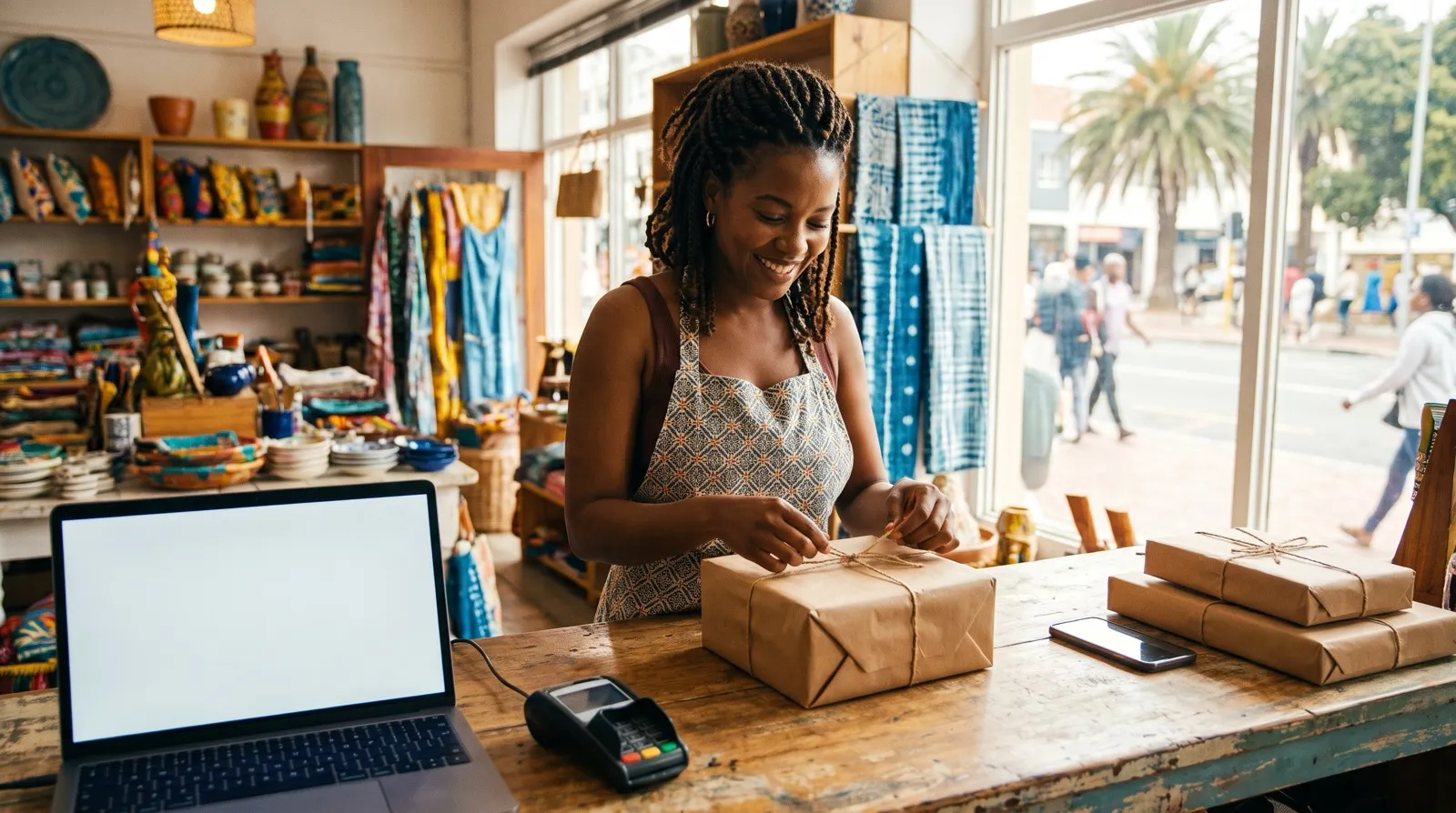 Caribbean small-business owner packing an online order and taking card payments on her Shopify store — Paperless Blueprint WiPay payment gateway integration
