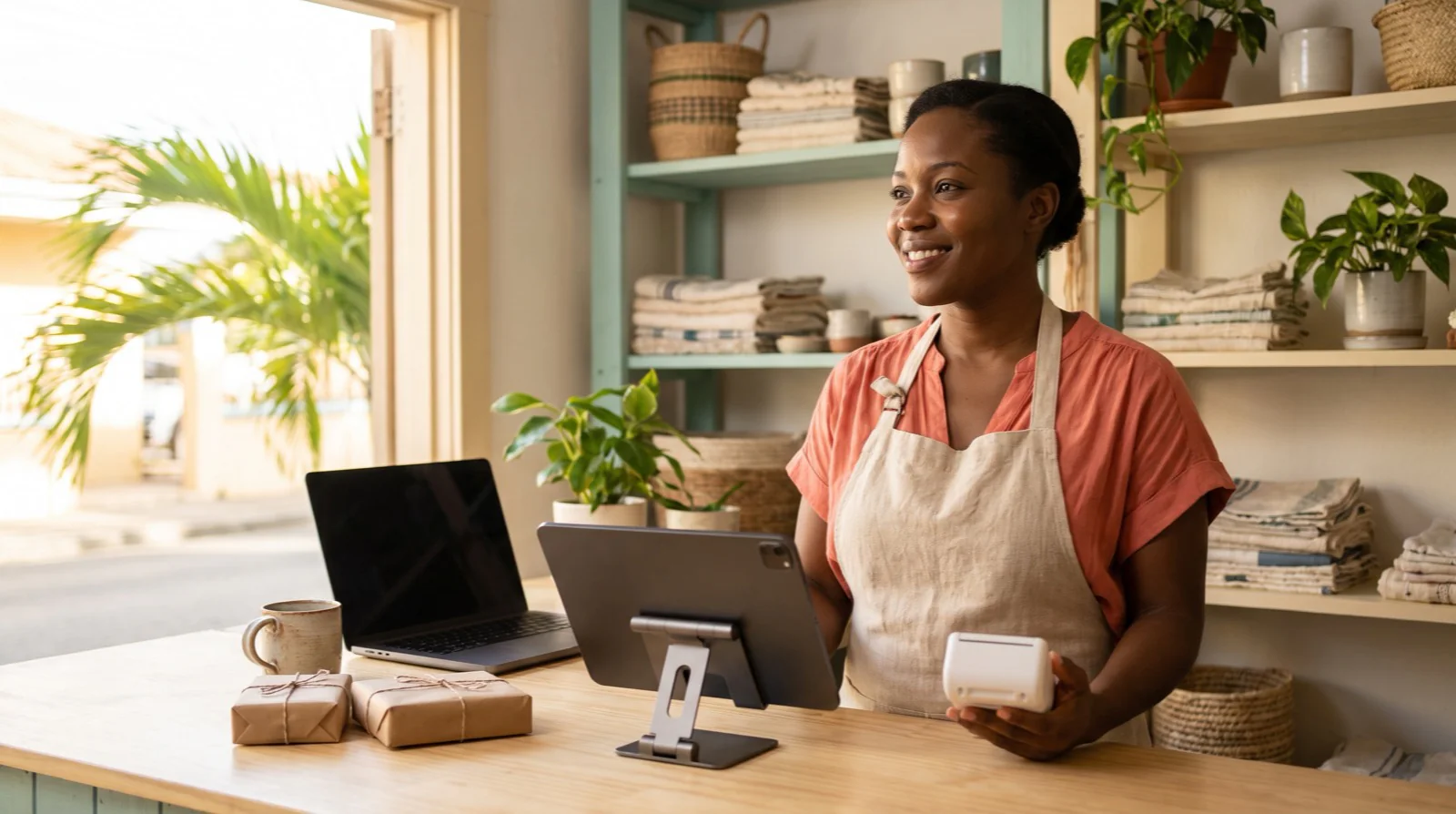 A Caribbean small-business owner taking a card payment behind the counter of her own sunlit studio-shop, selling on her Wix store — Paperless Blueprint Caribbean Wix payment gateway integration
