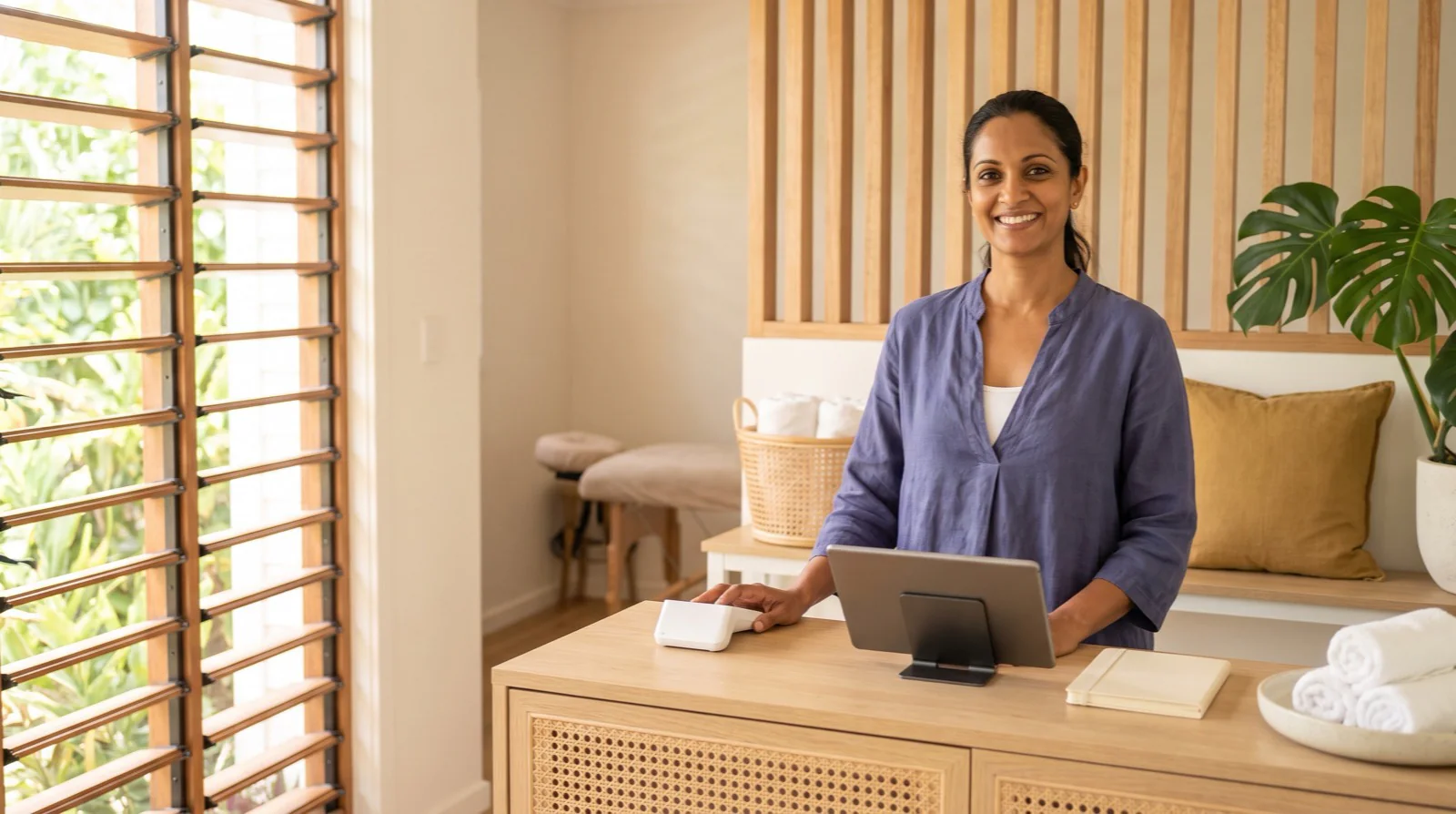 Wellness studio owner taking a card payment at her reception counter, selling on her Wix store — Paperless Blueprint Wix payment gateway integration in Trinidad & Tobago